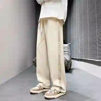 虫小绿 美式复古街头基础款侧边拼接渐变撞色条纹抽绳直筒阔腿垂感卫裤日常通勤运动百搭潮流痞帅印花休闲裤 男女同款