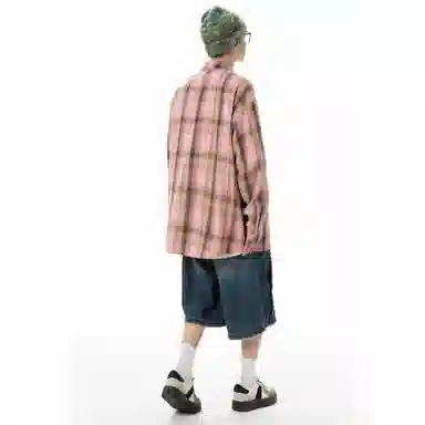 虫小绿 美式复古时尚痞帅格纹长袖衬衫 男女同款