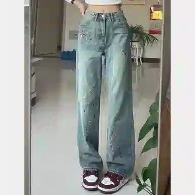 虫小绿 多口袋泼墨美式宽松复古潮青年运动基础长裤潮百搭高级亲肤日常出行牛仔裤 男女同款