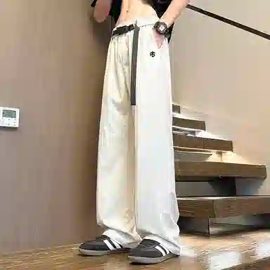 虫小绿 美式复古潮牌高街冰丝直筒腰带卡扣宽松透气百搭工装拼接纯色阔腿裤拖地弯刀休闲裤 男女同款