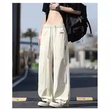 虫小绿 美式潮牌都市青年时尚简约百搭薄款系带速干触感抗皱拼接设计直筒伞兵基础款松紧腰长裤休闲裤 男女同款