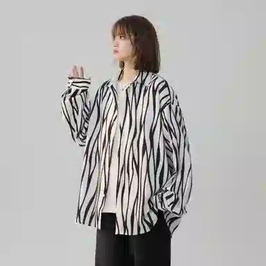 虫小绿 黑白斑马条纹长袖春秋款小众潮流大码宽松高级感衬衣外套衬衫 男女同款
