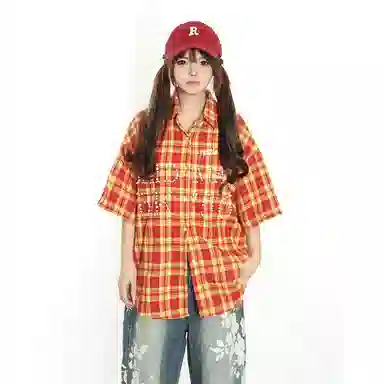 虫小绿 美式复古高街钉珠格子宽松短袖衬衫 男女同款