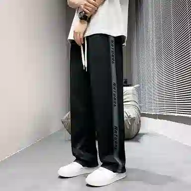 虫小绿 美式复古街头基础款侧边拼接渐变撞色条纹抽绳直筒阔腿垂感卫裤日常通勤运动百搭潮流痞帅印花休闲裤 男女同款