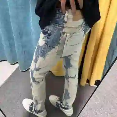 虫小绿 美式修身小脚泼墨刷漆涂鸦破洞高街风百搭情侣休闲裤牛仔裤 男女同款