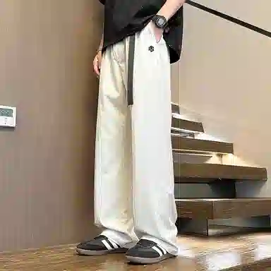 虫小绿 美式复古潮牌高街冰丝直筒腰带卡扣宽松透气百搭工装拼接纯色阔腿裤拖地弯刀休闲裤 男女同款