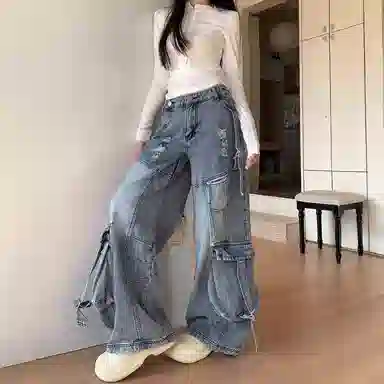 虫小绿 美式重工个性日常通勤休闲工装牛仔裤 男女同款