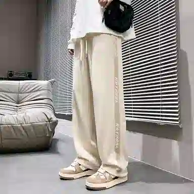 虫小绿 美式复古街头基础款侧边拼接渐变撞色条纹抽绳直筒阔腿垂感卫裤日常通勤运动百搭潮流痞帅印花休闲裤 男女同款