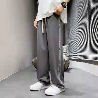 虫小绿 美式复古街头基础款侧边拼接渐变撞色条纹抽绳直筒阔腿垂感卫裤日常通勤运动百搭潮流痞帅印花休闲裤 男女同款