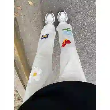 虫小绿 美式高街基础款花卉刺绣重磅垂感直筒裤休闲裤 男女同款
