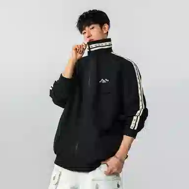 虫小绿 美式复古褶皱大口袋侧边条纹设计基础款户外山系机能风立领宽松运动休闲百搭舒适通勤潮流防风保暖教练外套夹克 男女同款