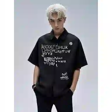 虫小绿 美式休闲时尚字母印花百搭宽松短袖上衣运动潮流衬衫 男女同款