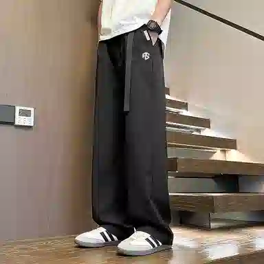 虫小绿 美式复古潮牌高街冰丝直筒腰带卡扣宽松透气百搭工装拼接纯色阔腿裤拖地弯刀休闲裤 男女同款