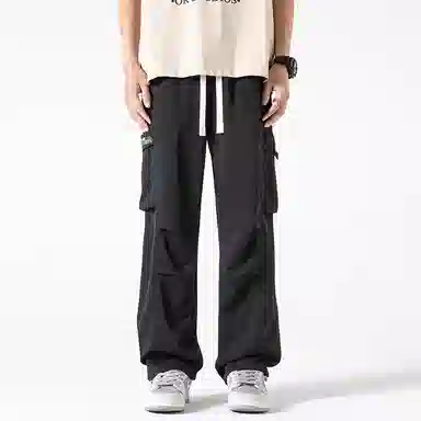 虫小绿 美式高街机能风纯色冰丝凉感户外立体大口袋褶皱简约宽松系带垂感阔腿直筒日常通勤百搭印花休闲裤 男女同款