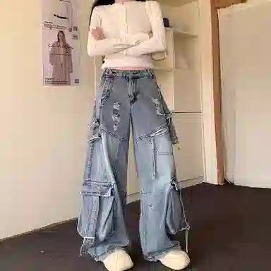 虫小绿 美式重工个性日常通勤休闲工装牛仔裤 男女同款
