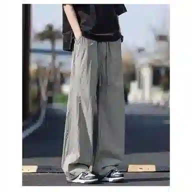 虫小绿 美式潮牌都市青年时尚简约百搭薄款系带速干触感抗皱拼接设计直筒伞兵基础款松紧腰长裤休闲裤 男女同款