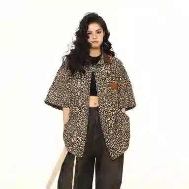 虫小绿 美式豹纹宽松时尚潮流百搭潮牌设计感衬衣休闲运动短袖衬衫 男女同款