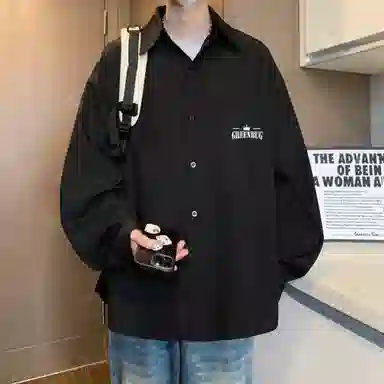 虫小绿 复古宽松简约字母印花潮流时尚运动长袖衬衫 男女同款