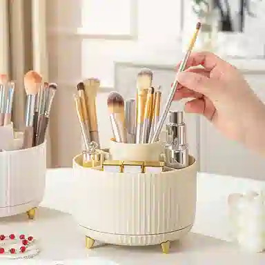悦语实用美妆 防尘 多功能旋转笔筒化妆品收纳盒轻奢圆形化妆刷大容量桌面收纳盒