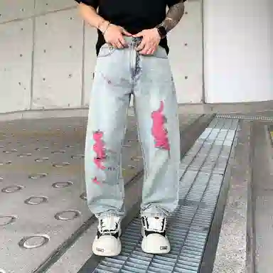 遨宇 美式高街潮牌做旧个性拼接超酷痞帅嘻哈街头破洞情侣百搭宽松休闲阔腿牛仔裤 男女同款