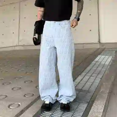 遨宇 美式休闲高街潮牌蓝调摩登老花印潮酷风微喇裤情侣百搭潮流街头做旧复古透气阔腿裤男牛仔裤 宽松型 男女同款