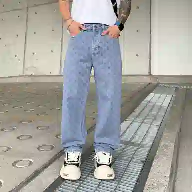遨宇 夏季 美式高街潮牌嘻哈街头痞帅个性设计扎花直筒裤情侣潮流百搭休闲城市户外裤子男牛仔裤 宽松型 男女同款