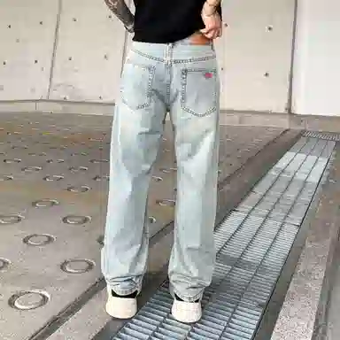 遨宇 美式高街潮牌做旧个性拼接超酷痞帅嘻哈街头破洞情侣百搭宽松休闲阔腿牛仔裤 男女同款