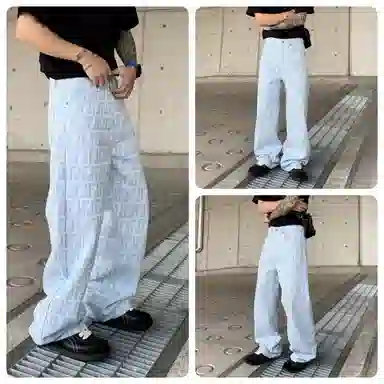 遨宇 美式休闲高街潮牌蓝调摩登老花印潮酷风微喇裤情侣百搭潮流街头做旧复古透气阔腿裤男牛仔裤 宽松型 男女同款