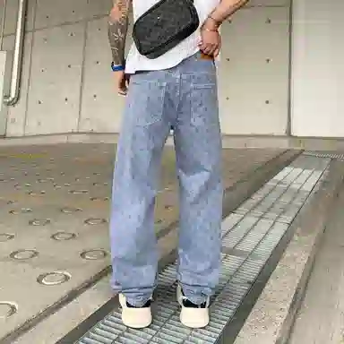 遨宇 夏季 美式高街潮牌嘻哈街头痞帅个性设计扎花直筒裤情侣潮流百搭休闲城市户外裤子男牛仔裤 宽松型 男女同款