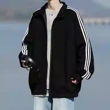 寻星记 美式复古三条杠立领开衫潮流百搭外套卫衣 男女同款
