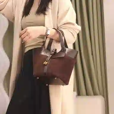 木林森 复古拼接多隔层收纳 聚氨酯 手提包 女款 酒红色