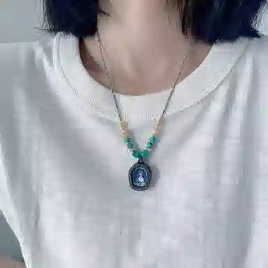 花茜樱 文殊 手绘皮质唐卡新中式国风小众设计品牌手工编织个性新潮饰品 合金 项链 女款