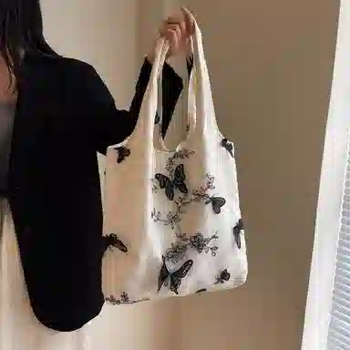 超美刺绣黑蝴蝶 布 单肩包 蕾丝仙女休闲出行女包 文艺大容量百搭 单肩包 女款 多色
