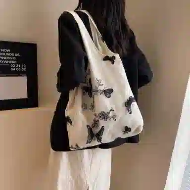 超美刺绣黑蝴蝶 布 单肩包 蕾丝仙女休闲出行女包 文艺大容量百搭 单肩包 女款 多色