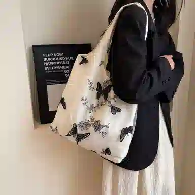 超美刺绣黑蝴蝶 布 单肩包 蕾丝仙女休闲出行女包 文艺大容量百搭 单肩包 女款 多色