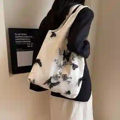 超美刺绣黑蝴蝶 布 单肩包 蕾丝仙女休闲出行女包 文艺大容量百搭 单肩包 女款 多色