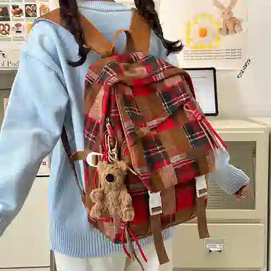 醇龙 复古格子高中大学生百搭休闲旅游 尼龙 双肩包 男女同款情侣款 红色/黄色/绿色