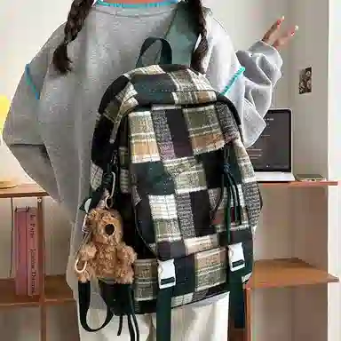 醇龙 复古格子高中大学生百搭休闲旅游 尼龙 双肩包 男女同款情侣款 红色/黄色/绿色