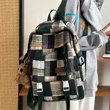 醇龙 复古格子高中大学生百搭休闲旅游 尼龙 双肩包 男女同款情侣款 红色/黄色/绿色