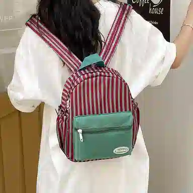 醇龙 拉链开合大容量 尼龙 女款 双肩包 红绿色