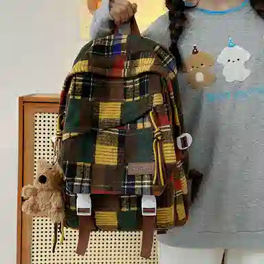 醇龙 复古格子高中大学生百搭休闲旅游 尼龙 双肩包 男女同款情侣款 红色/黄色/绿色