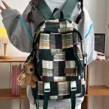 醇龙 复古格子高中大学生百搭休闲旅游 尼龙 双肩包 男女同款情侣款 红色/黄色/绿色