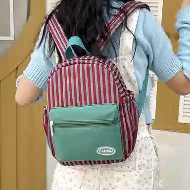 醇龙 拉链开合大容量 尼龙 女款 双肩包 红绿色