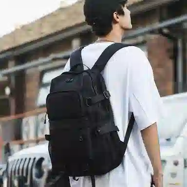 醇龙 日系潮流机能大容量中学生潮牌休闲 尼龙 双肩包 常规 男款 黑色