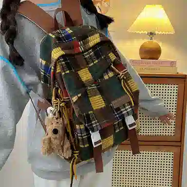 醇龙 复古格子高中大学生百搭休闲旅游 尼龙 双肩包 男女同款情侣款 红色/黄色/绿色