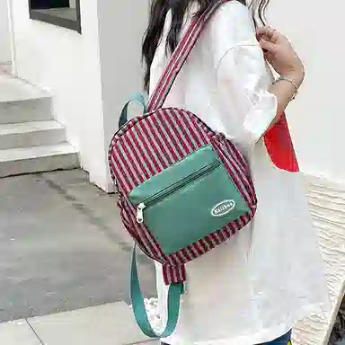 醇龙 拉链开合大容量 尼龙 女款 双肩包 红绿色