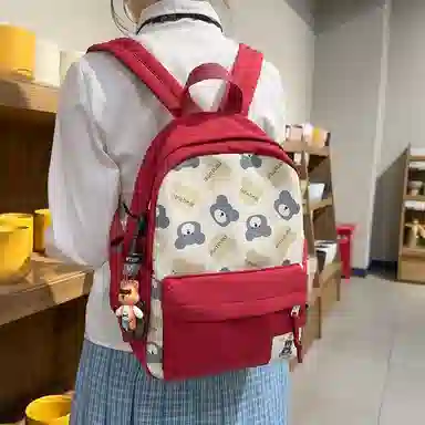 醇龙 小熊卡通校园背包大容量学生书包 尼龙 双肩包 男女同款情侣款 黑色/红色/棕色/粉色/卡其色