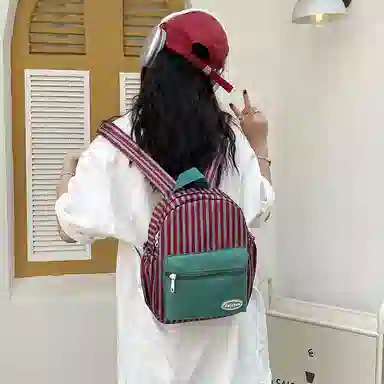 醇龙 拉链开合大容量 尼龙 女款 双肩包 红绿色