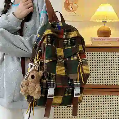 醇龙 复古格子高中大学生百搭休闲旅游 尼龙 双肩包 男女同款情侣款 红色/黄色/绿色