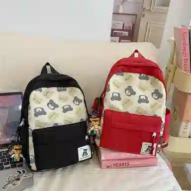 醇龙 小熊卡通校园背包大容量学生书包 尼龙 双肩包 男女同款情侣款 黑色/红色/棕色/粉色/卡其色